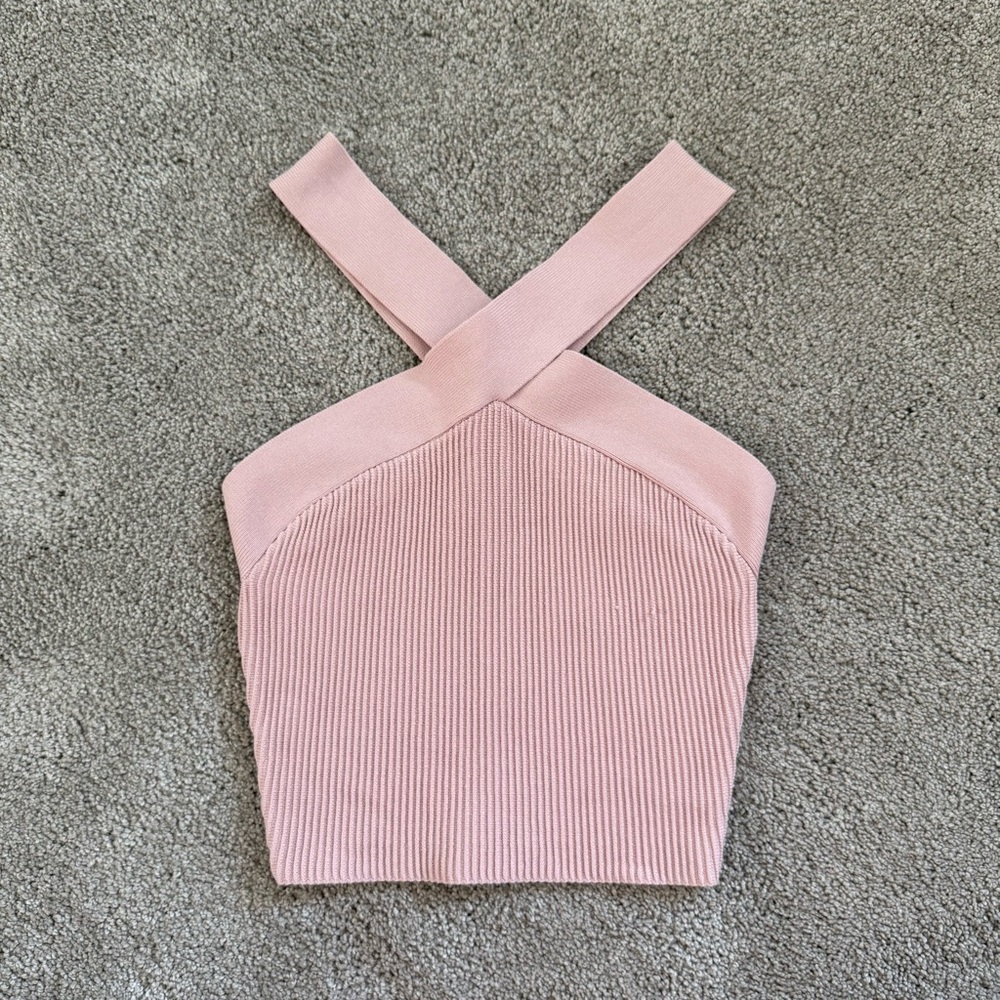 Babaton Pink Ribbed Cross-Strap Tank Top